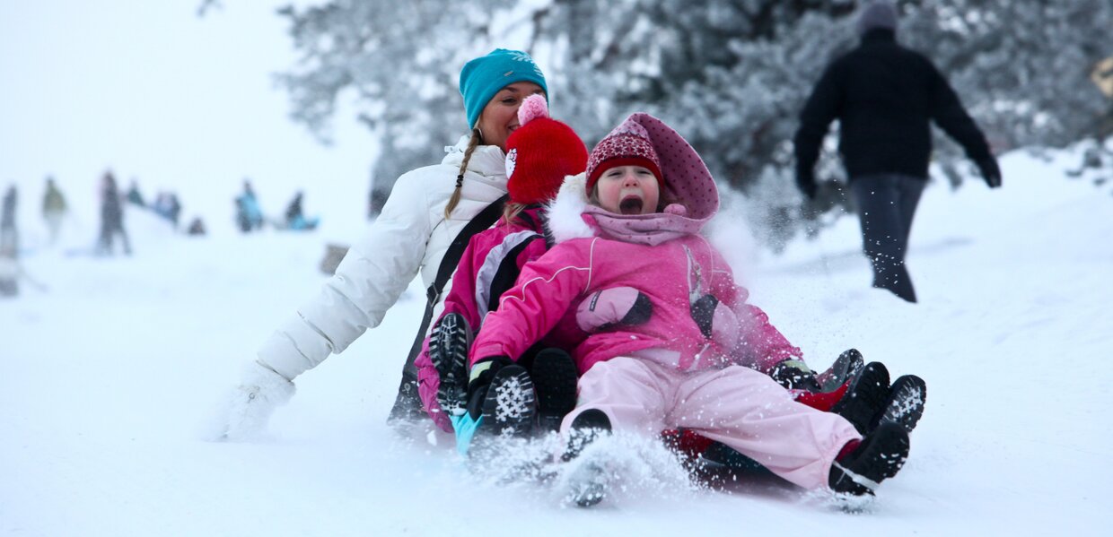 A family going down a hill on a toboggan
