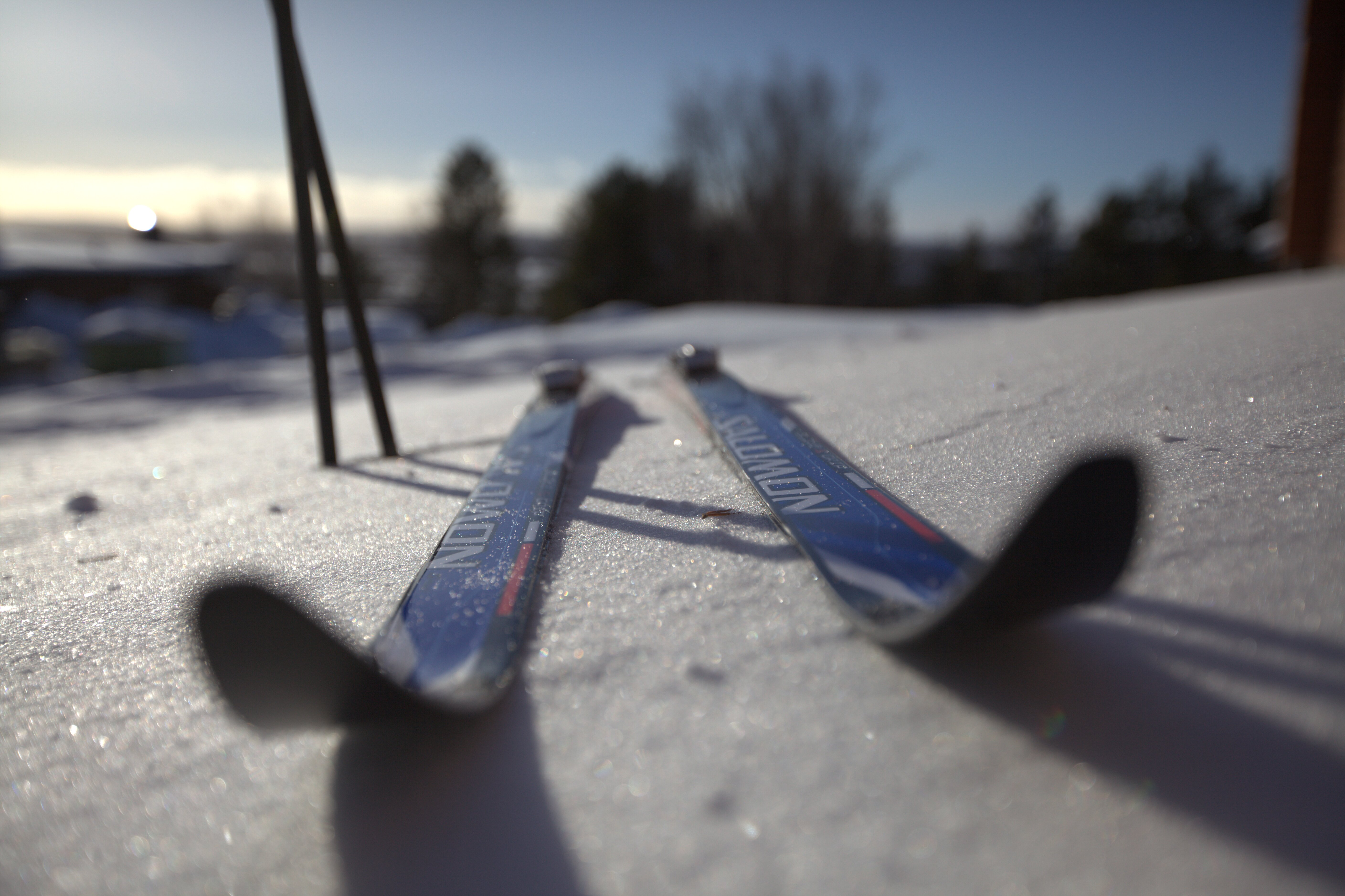 A pair of skis and poles on snow