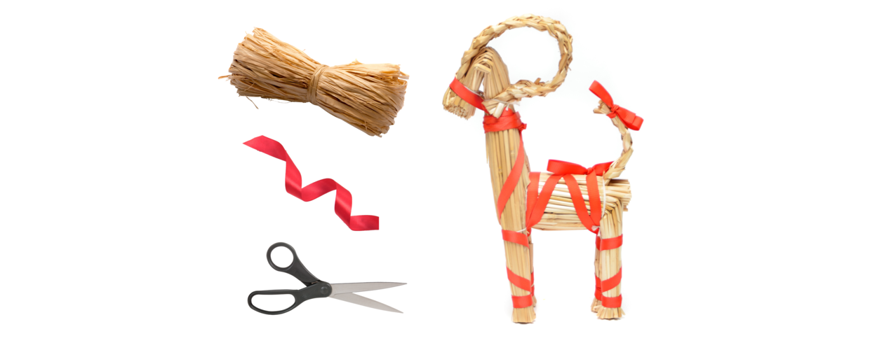 Straw (or raffia), ribbon and scissors are a few of things you'll need to make your own Yule Goat