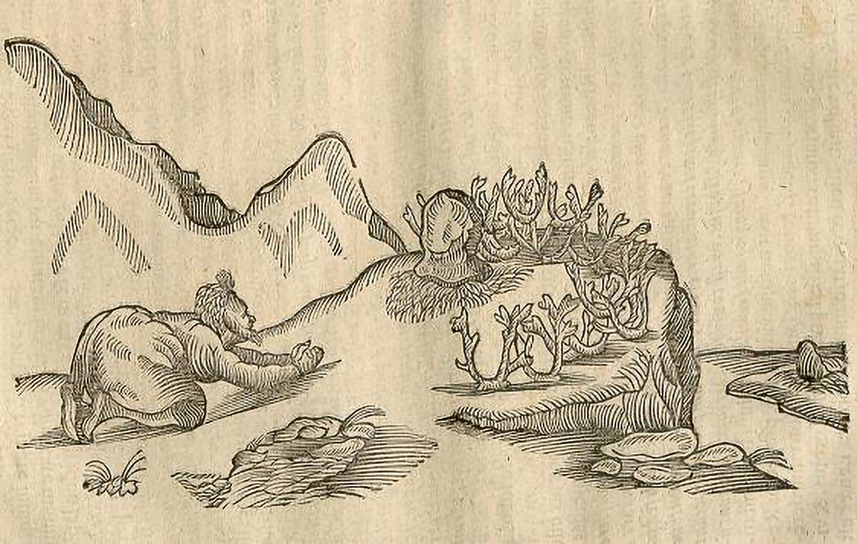 A drawing of Sami worshipping spirits in stone