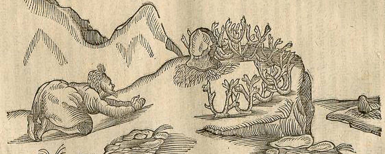 A drawing of Sami worshipping spirits in stone 