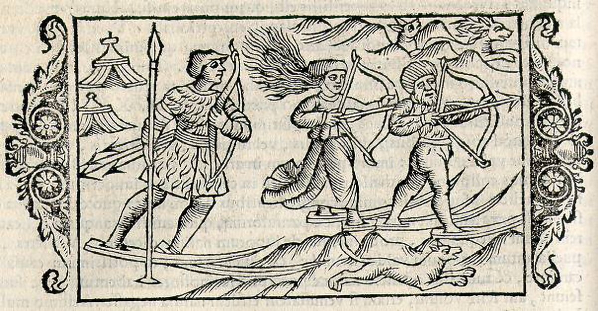 Sami men and women taking part in hunting on an artistic depiction by Olaus Magnus