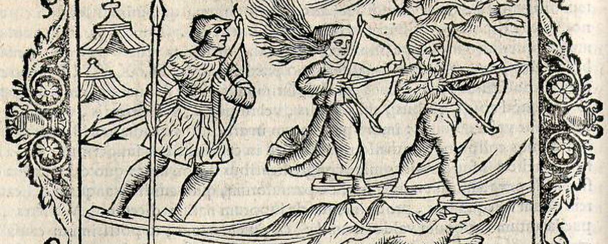 Sami men and women taking part in hunting on an artistic depiction by Olaus Magnus