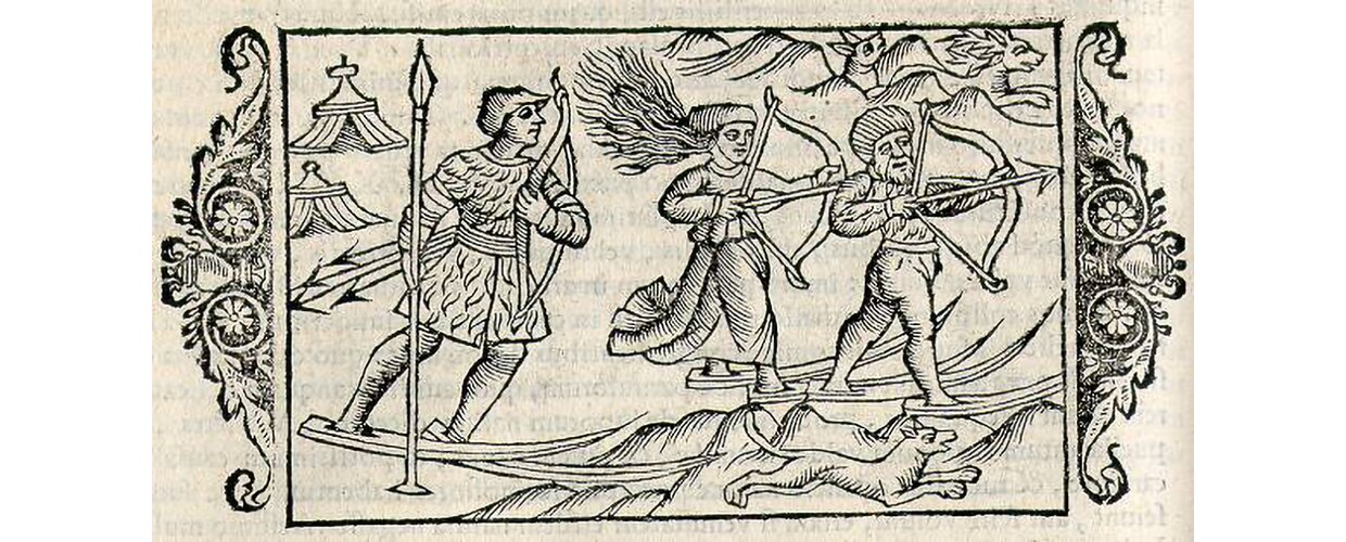 Woodcut from Olaus Magnus of three Sami with skis, participating in a hunt (courtesy University Library of Tromso)