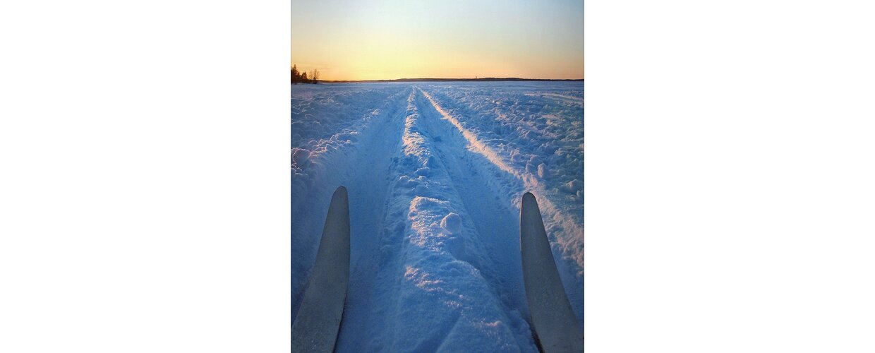 A pair of cross-country skis on ski tracks in Finnish Lapland