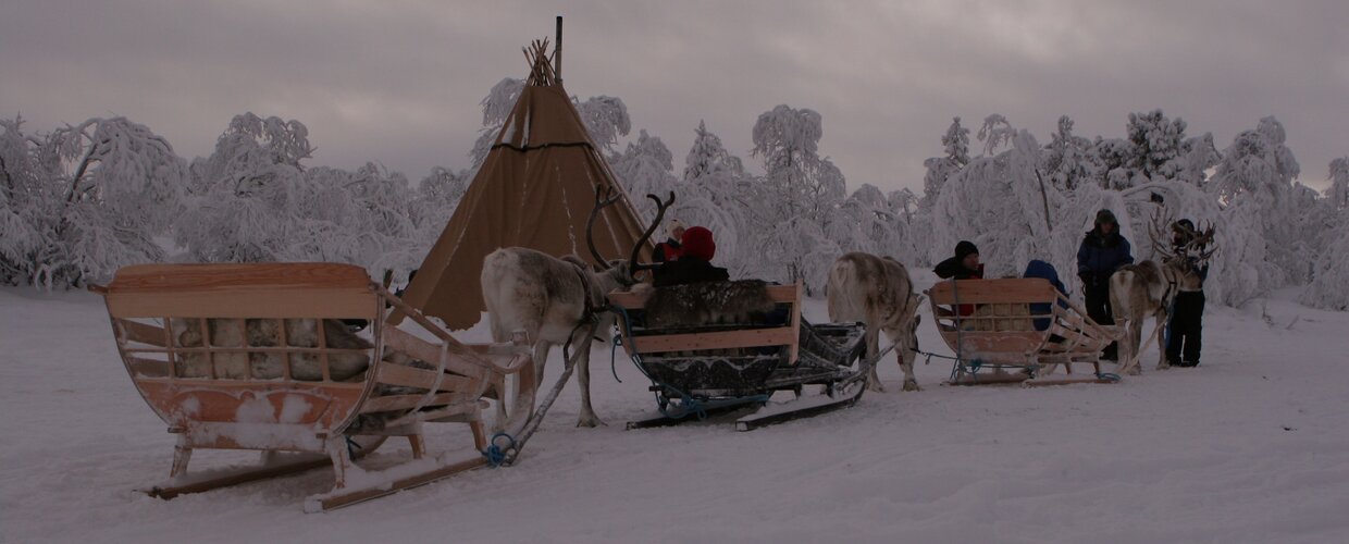 A line of reindeer-led sleighs in front of a kota in the frozen Arctic