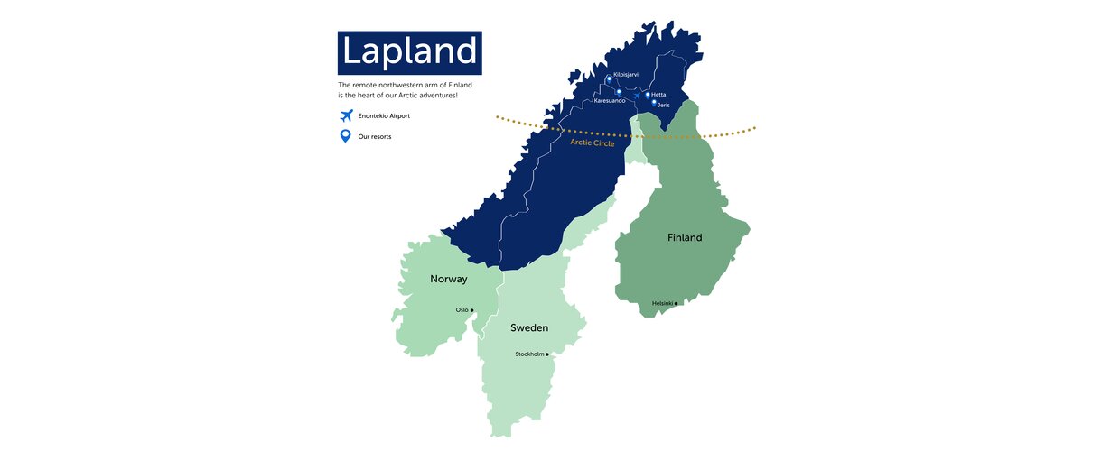 Map of Lapland and the Arctic Circle across Norway, Sweden and Finland
