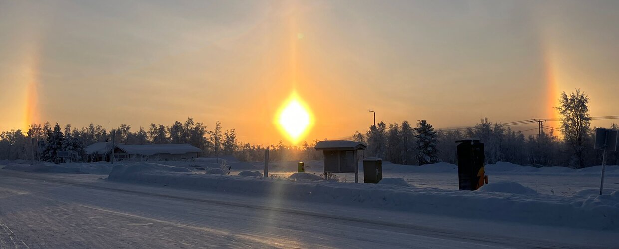 The atmospheric optical phenomenon known as a sun dog in Karesuando, Finland